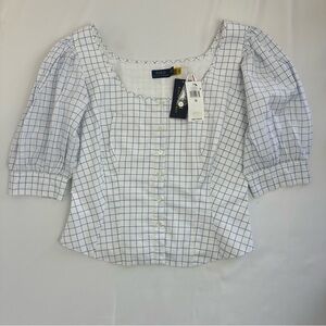Polo by Ralph Lauren White and Blue Women’s Paneled Cotton Blouse. Size 10 NWT.
